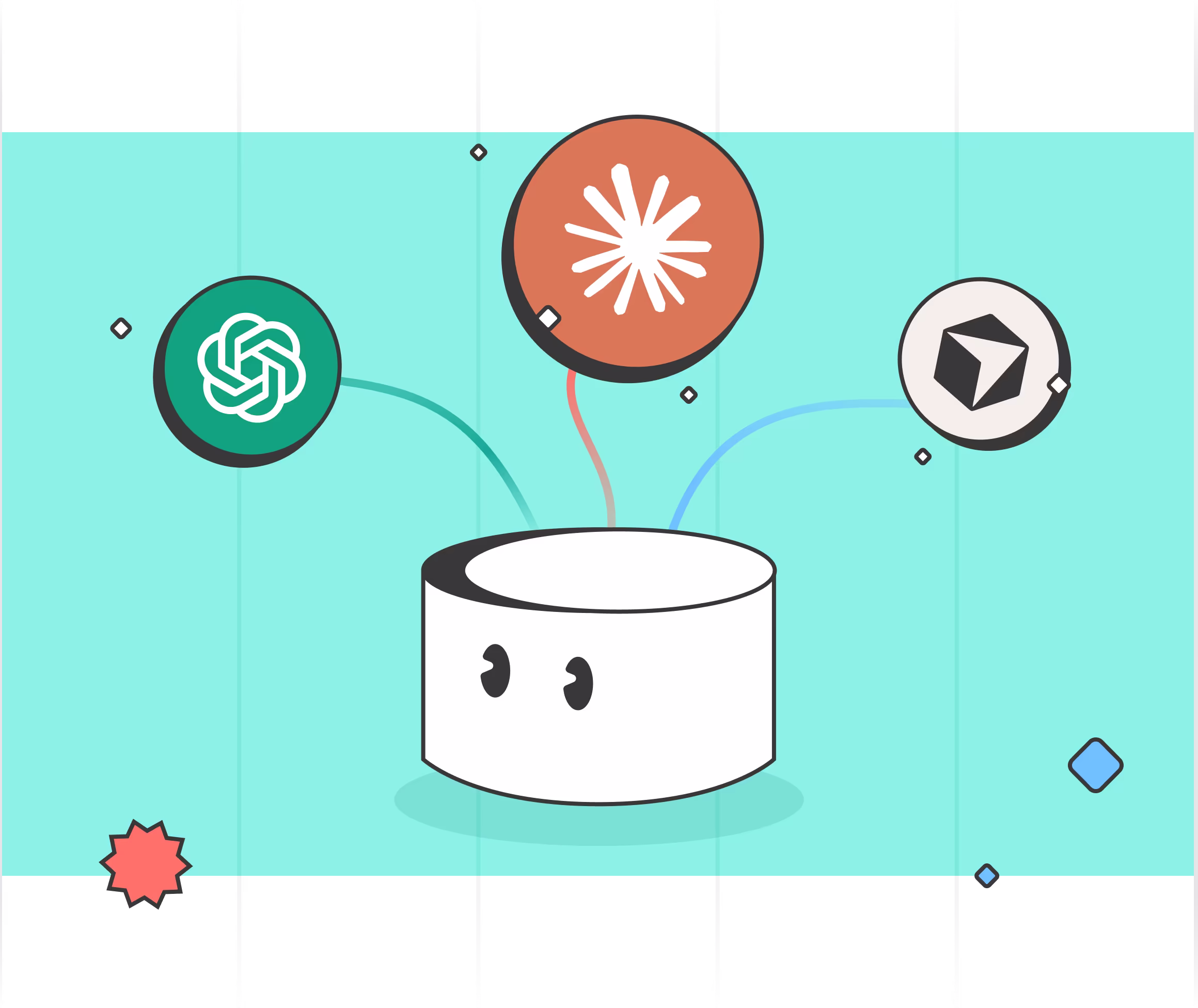 Illustration of a MotherDuck database connected to multiple AI agents including Claude, ChatGPT, and Cursor