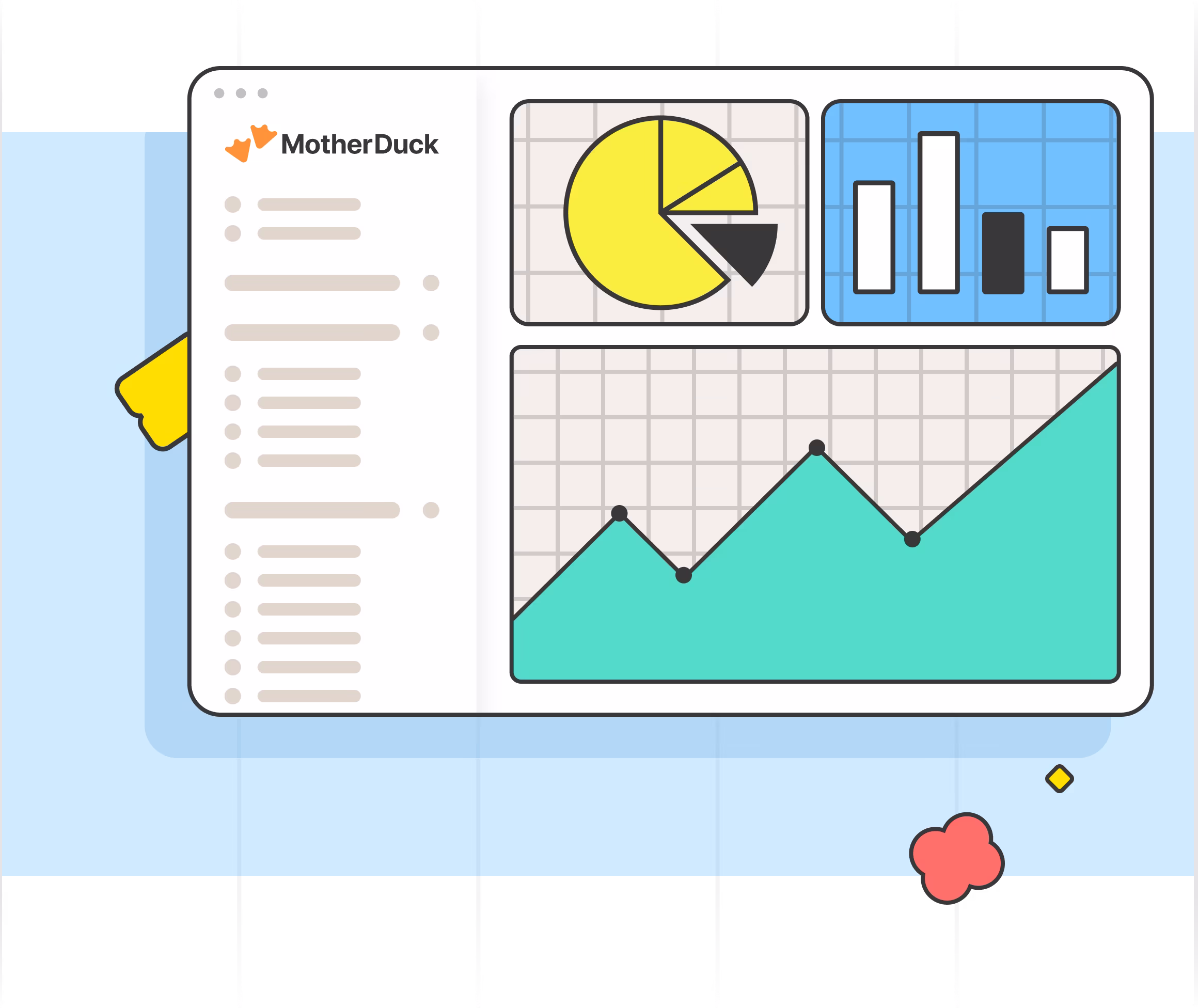 Screenshot of a Dive living inside the MotherDuck workspace, showing a pie chart, bar chart, and line chart alongside the data sidebar