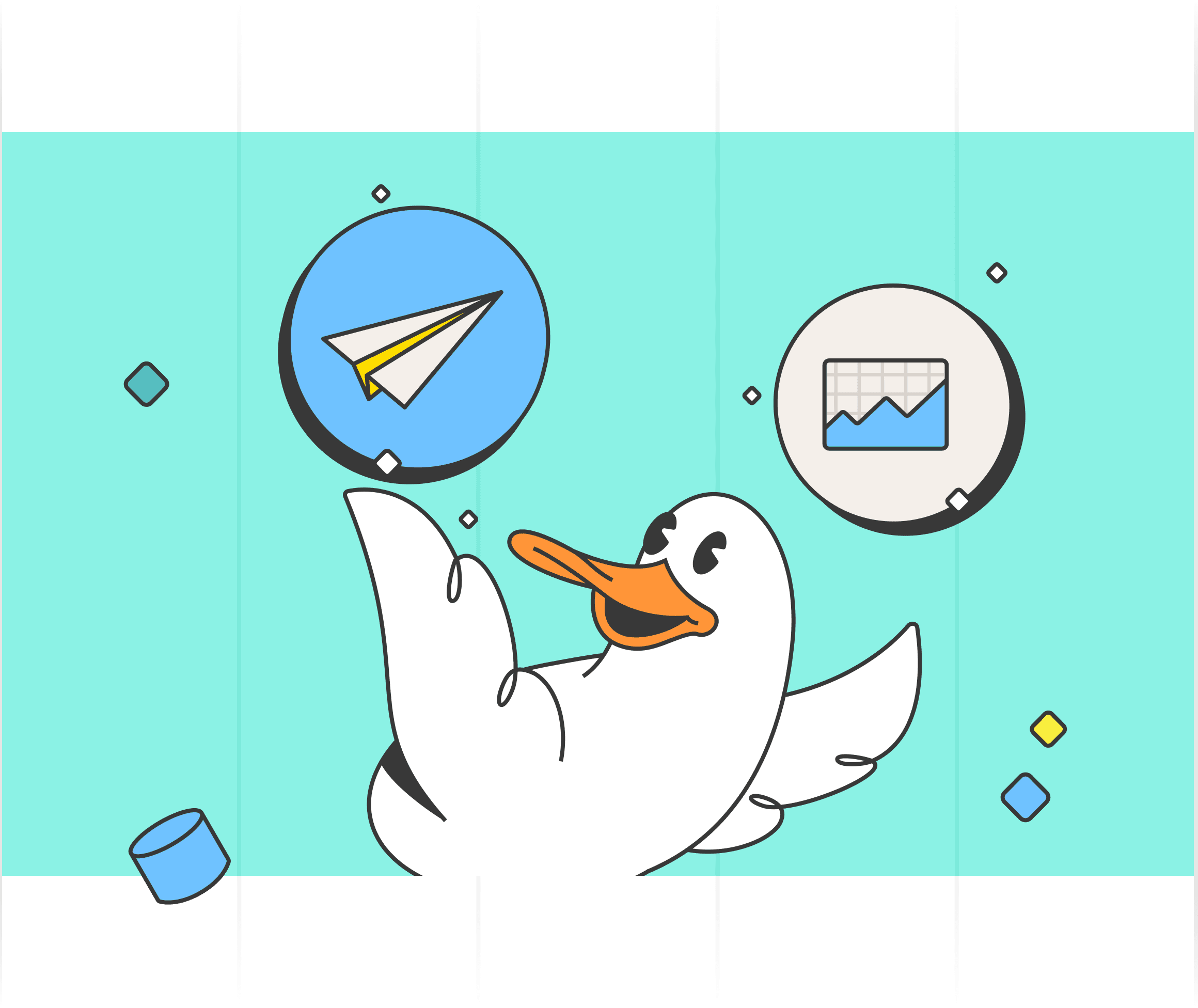 Illustration of a duck holding both the Flights and Dives icons