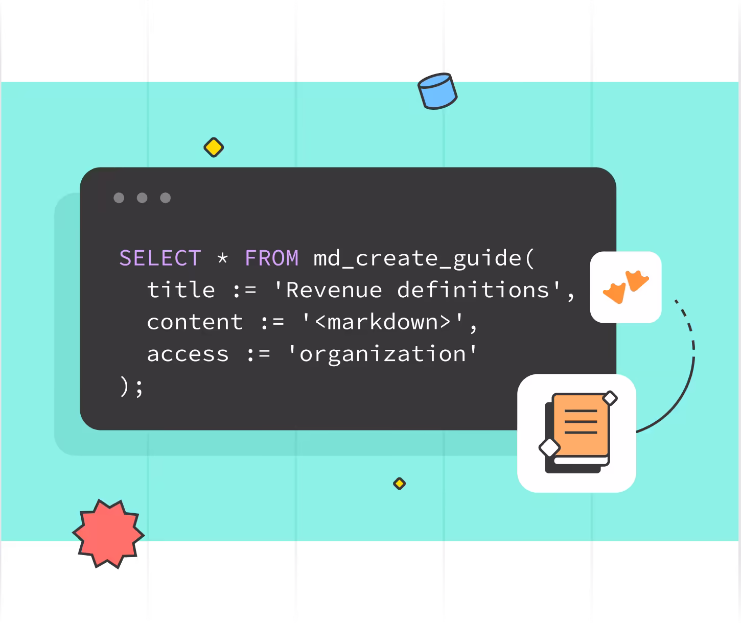 Illustration of a terminal running a SELECT md_create_guide SQL statement next to the MotherDuck logo