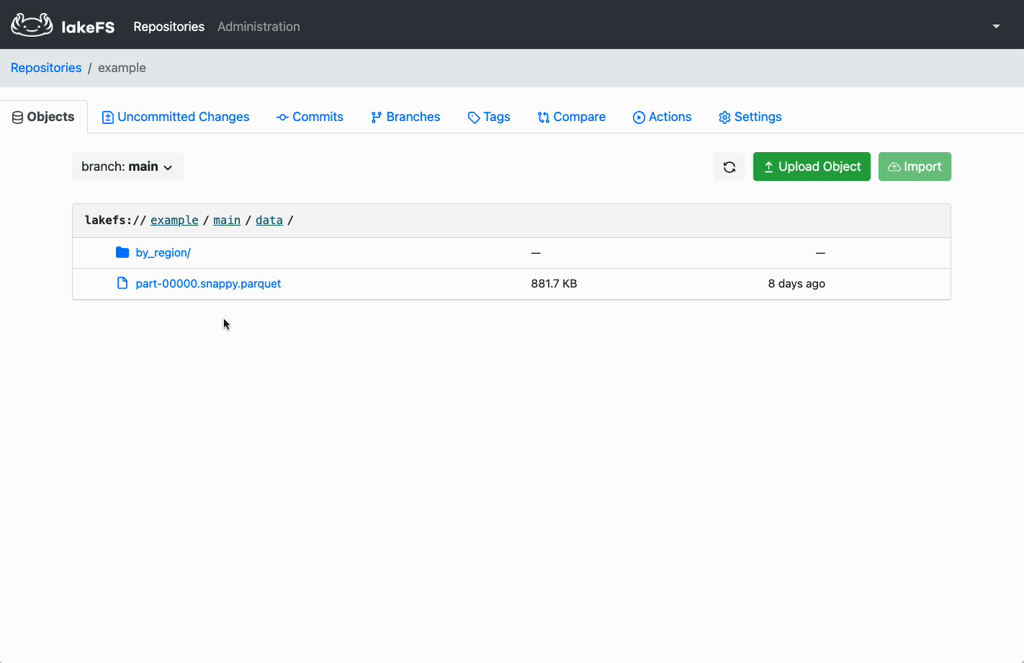 Demo of LakeFS UI running DuckDB Wasm