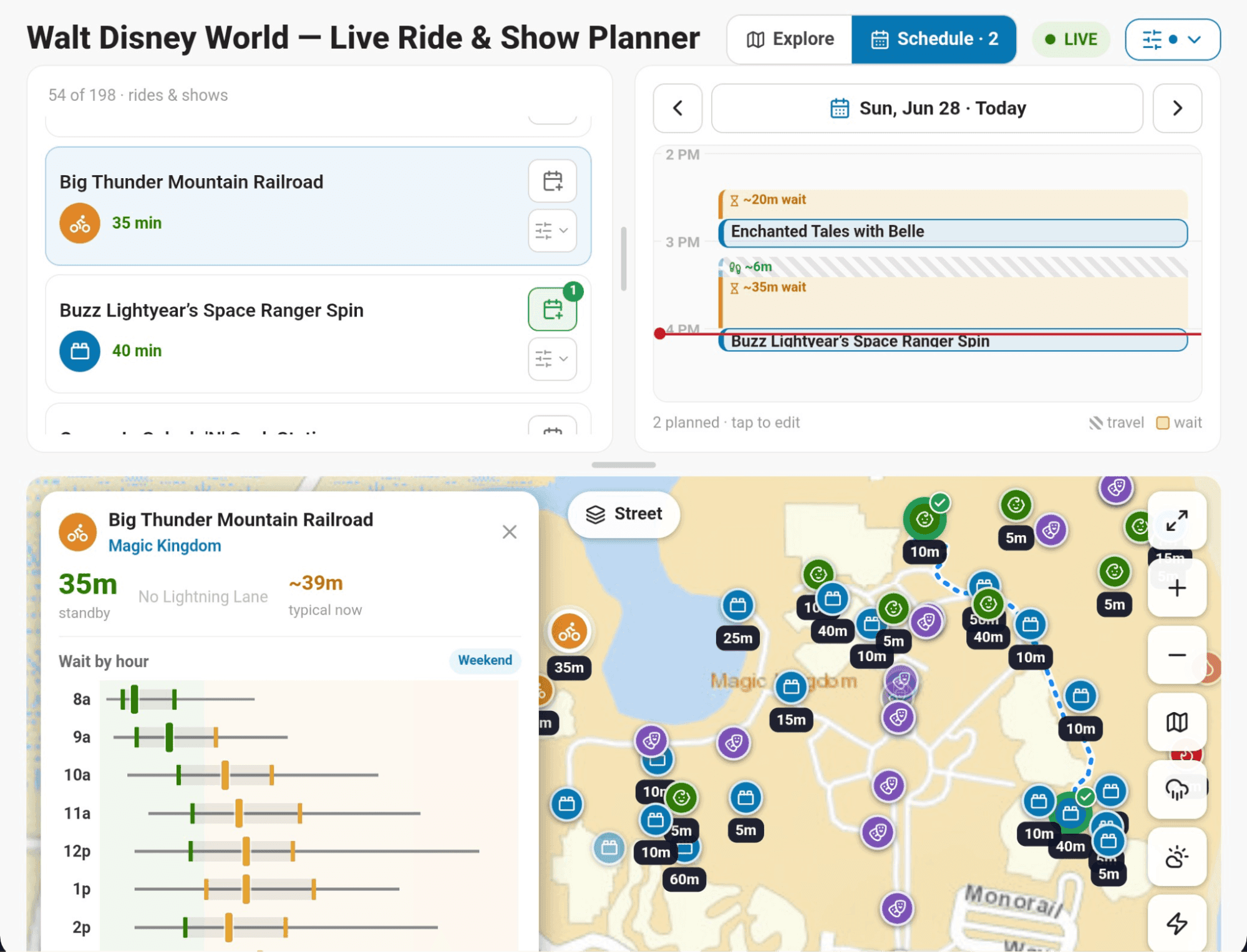 Screenshot of the Disney World Live Planner App
