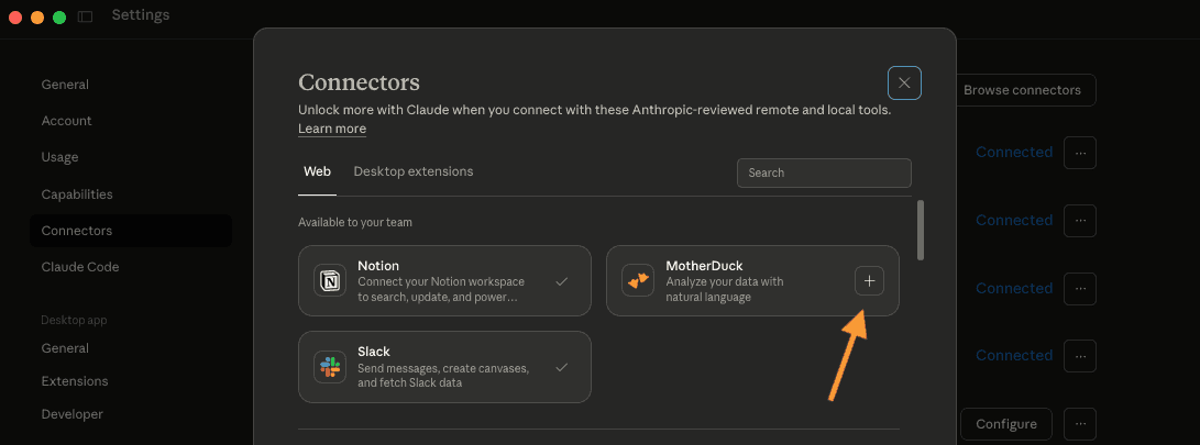 Claude Connector Setup Screenshot