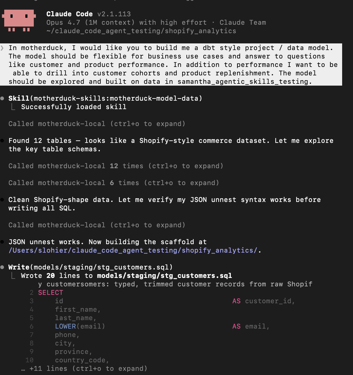 Claude using the motherduck-model-data skill to scaffold raw, staging, and analytics layers