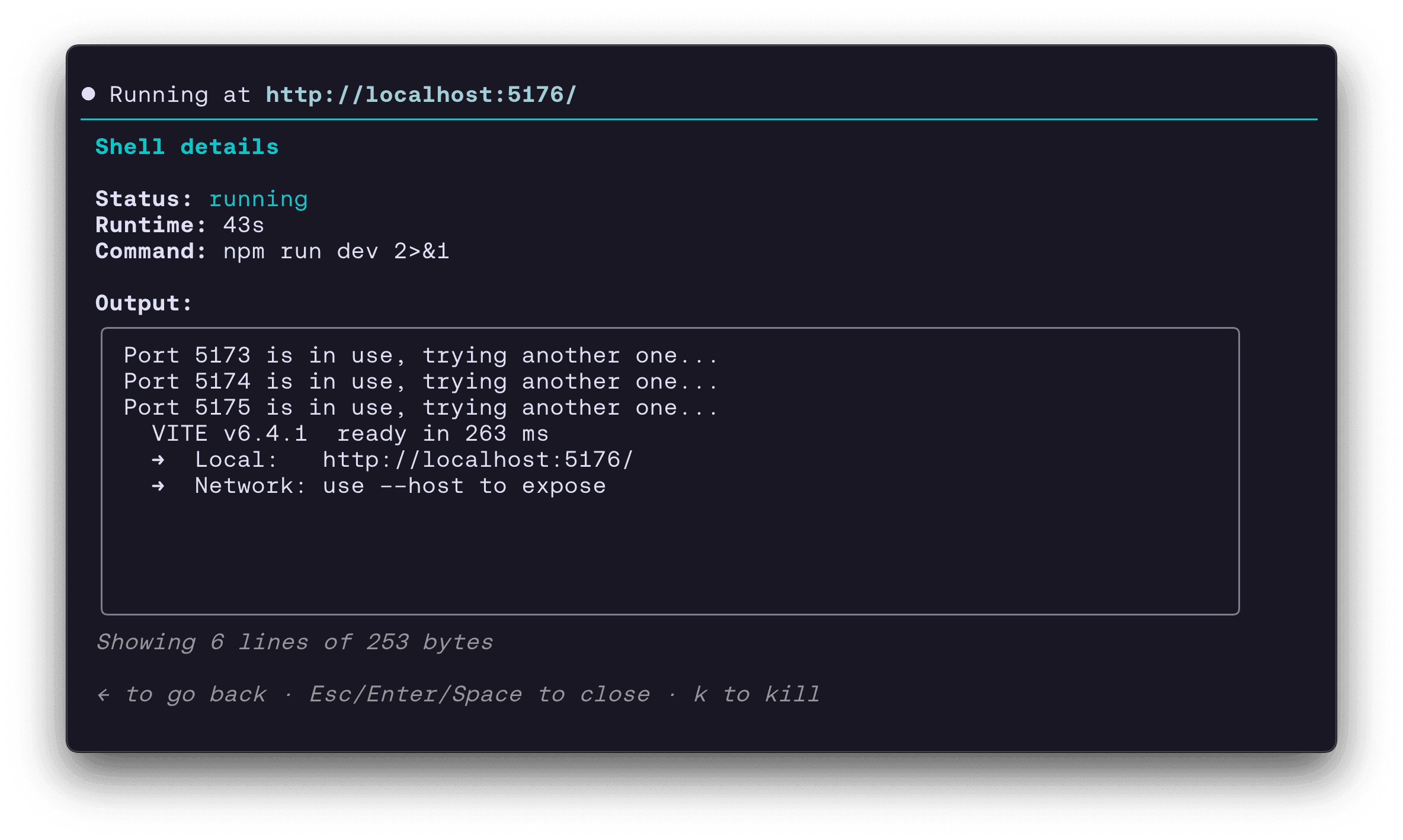 Claude Code spinning up the Vite dev server after pulling down a Dive for local development.