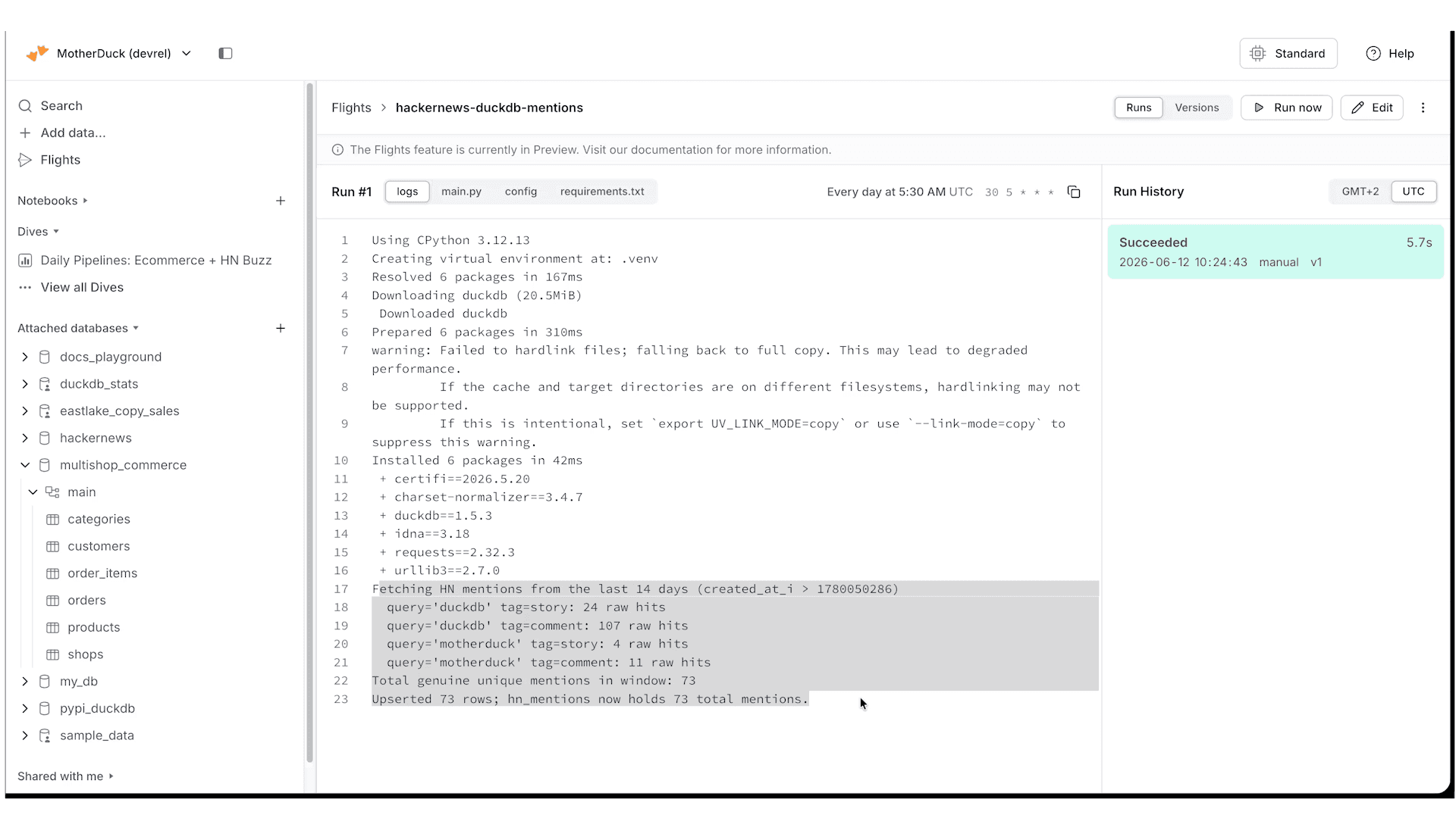 The Hacker News flight: a run finishing in seconds, the API ingest code, a daily schedule, and the log reporting how many mentions it inserted.