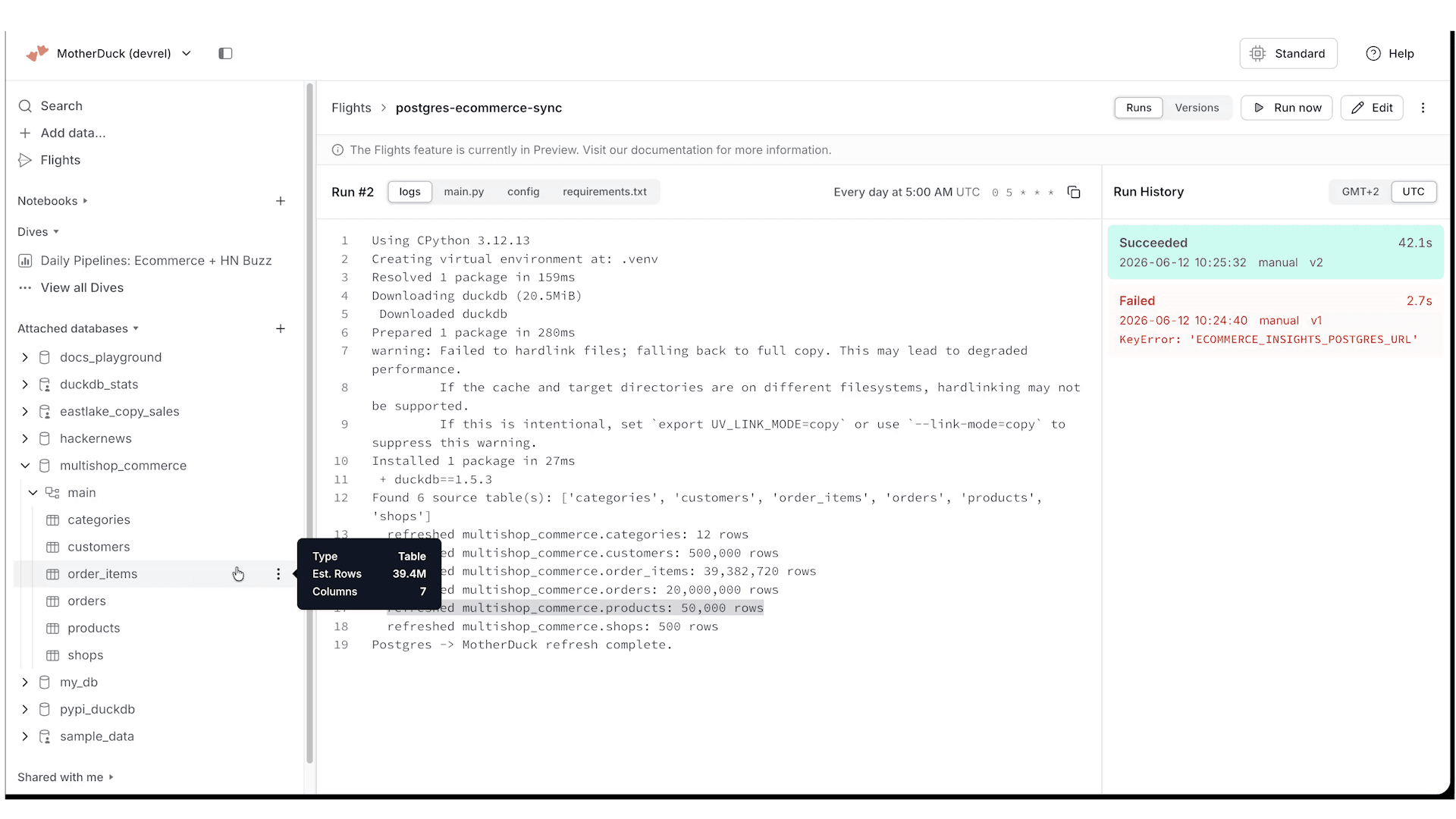 The Postgres flight in the MotherDuck UI: a failed first run, then a clean one mirroring the tables, with the generated source, requirements, and a daily schedule.