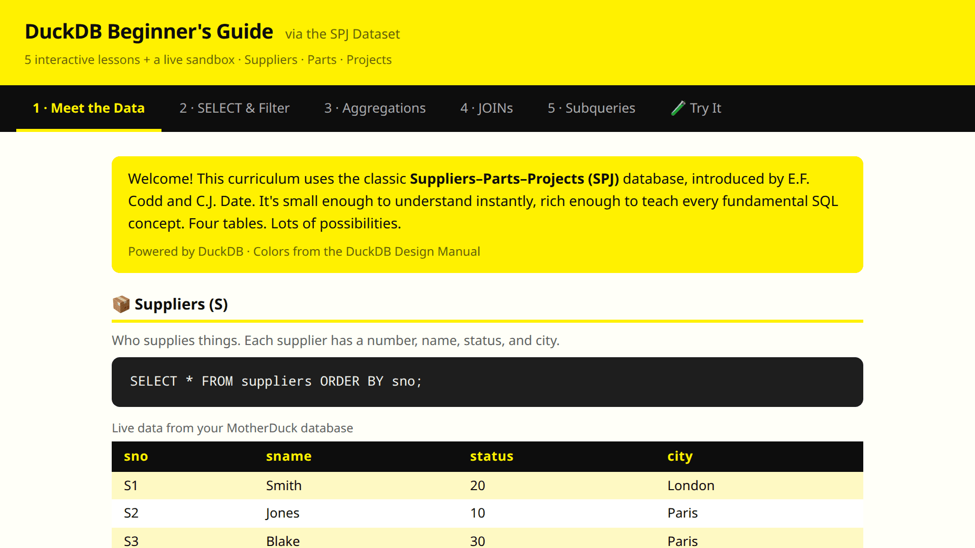 Screenshot of DuckDB Beginner's Guide — SPJ Dataset