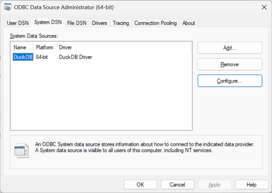 Select the DuckDB system DSN