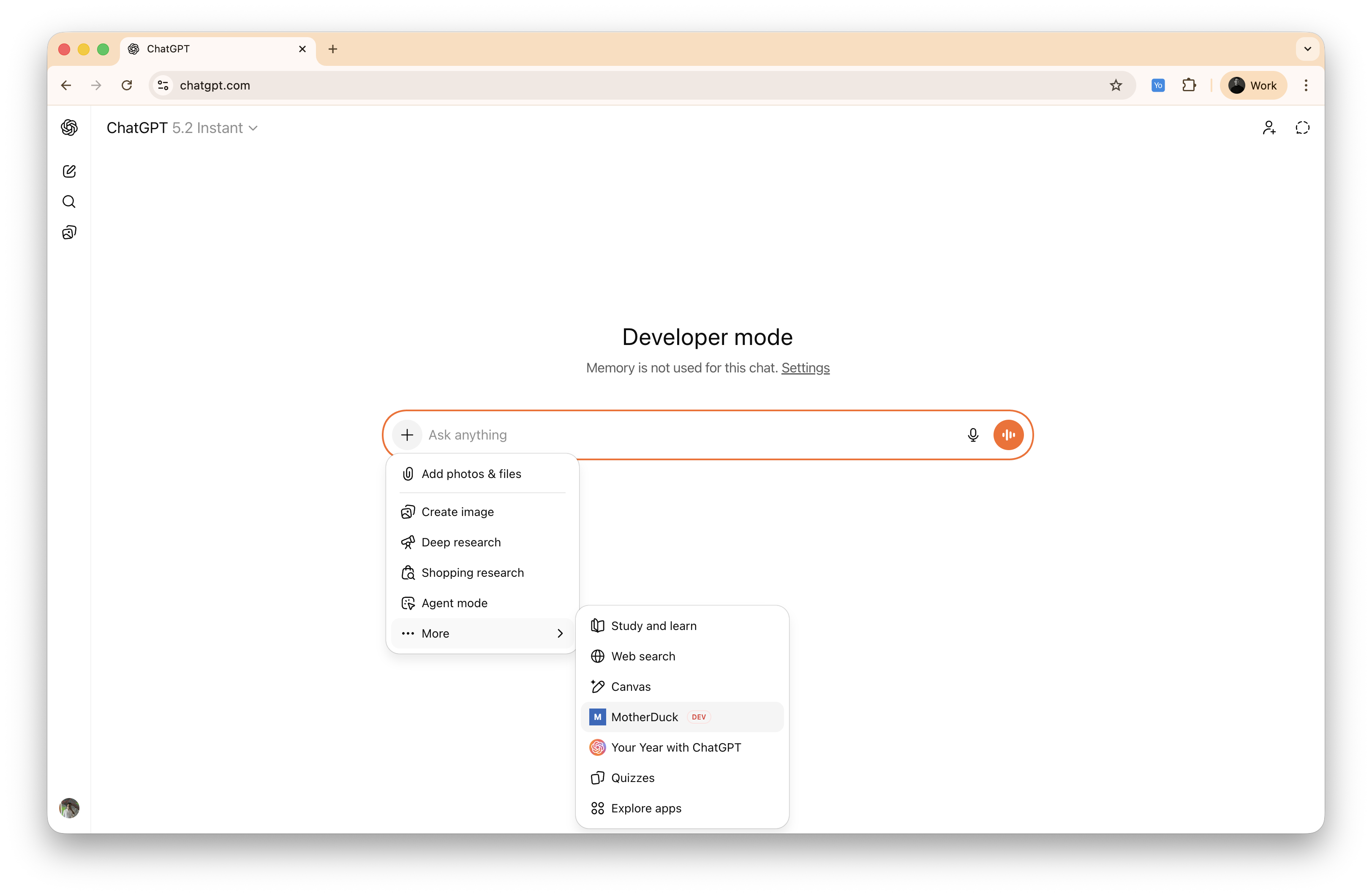 Selecting MotherDuck from the More menu