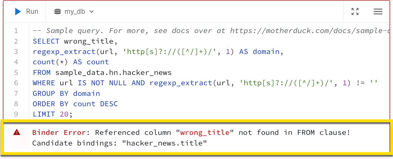 Query error message
